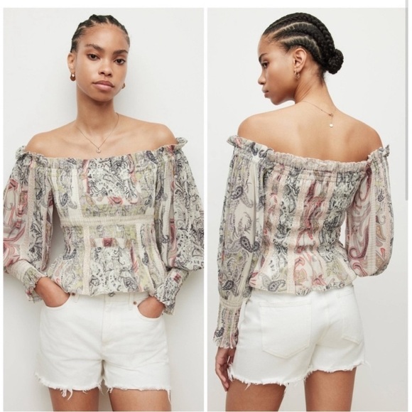 ALL SAINTS Lara Makutu Top Soft Pink Off the Shoulder Shirt Paisley Sz 6 NEW - Picture 2 of 13